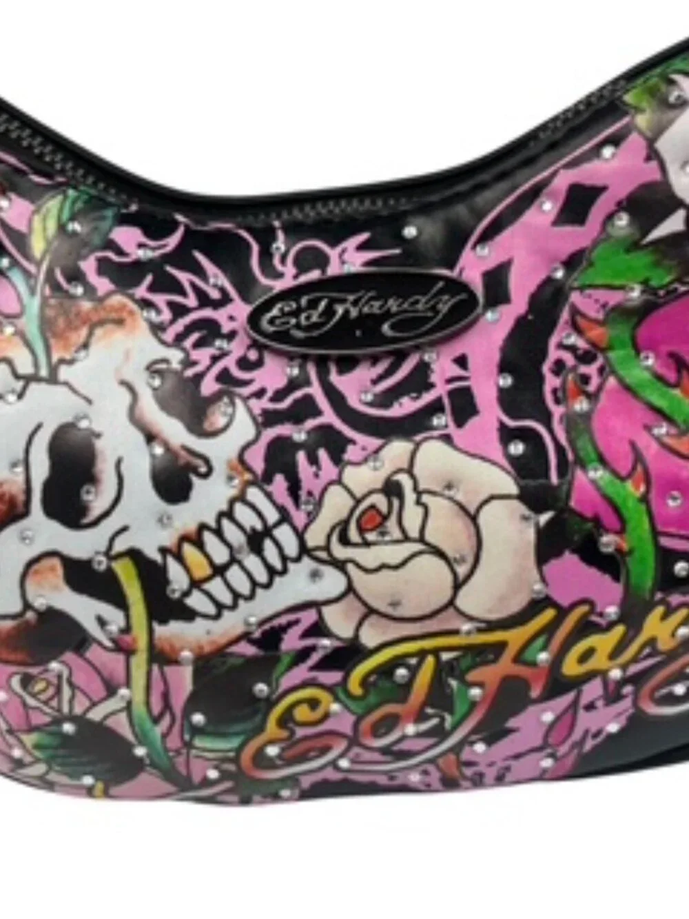 NEW Ed Hardy Crescent Hobo Bag Skull Rose Pink and Black tattoo Print Y2K Purse